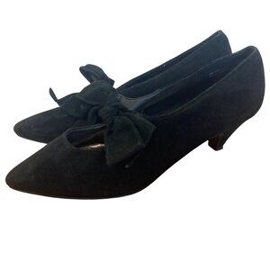 Vintage New York Transit Black Suede Pumps Bow Kitten Heel 8.5 9 Witchy Goth